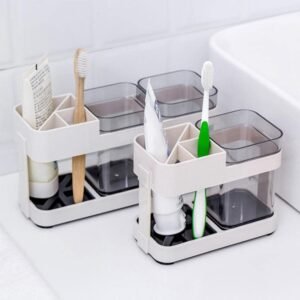 Plastic Toothbrush and Toothpaste Holder with Cup for Bathroom Countertop storage Organizer