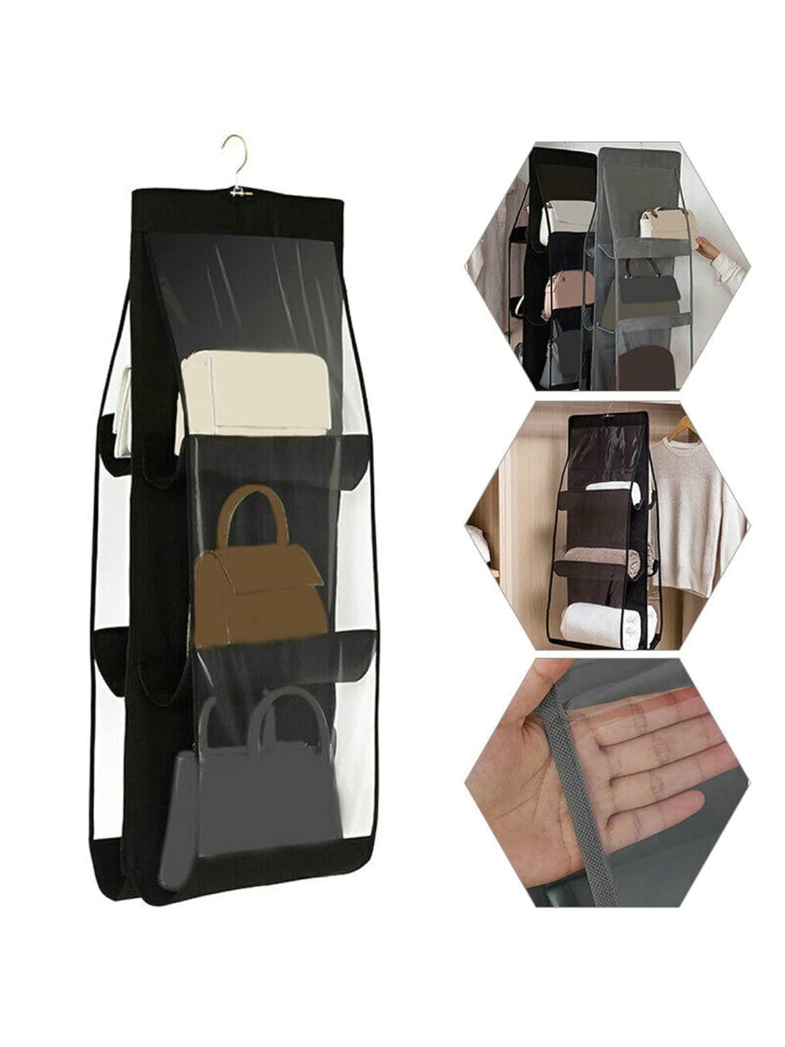 6 Pocket Foldable Hanging Bag 3 Layers Folding Shelf Bag Purse Handbag Organizer - Image 4