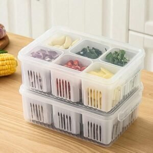 Alternative view of Fridge Storage Box, 6 Grid Refrigerator Storage Containers, Kitchen Storage Set, Vegetable Storage, Draining Crisper Food Box