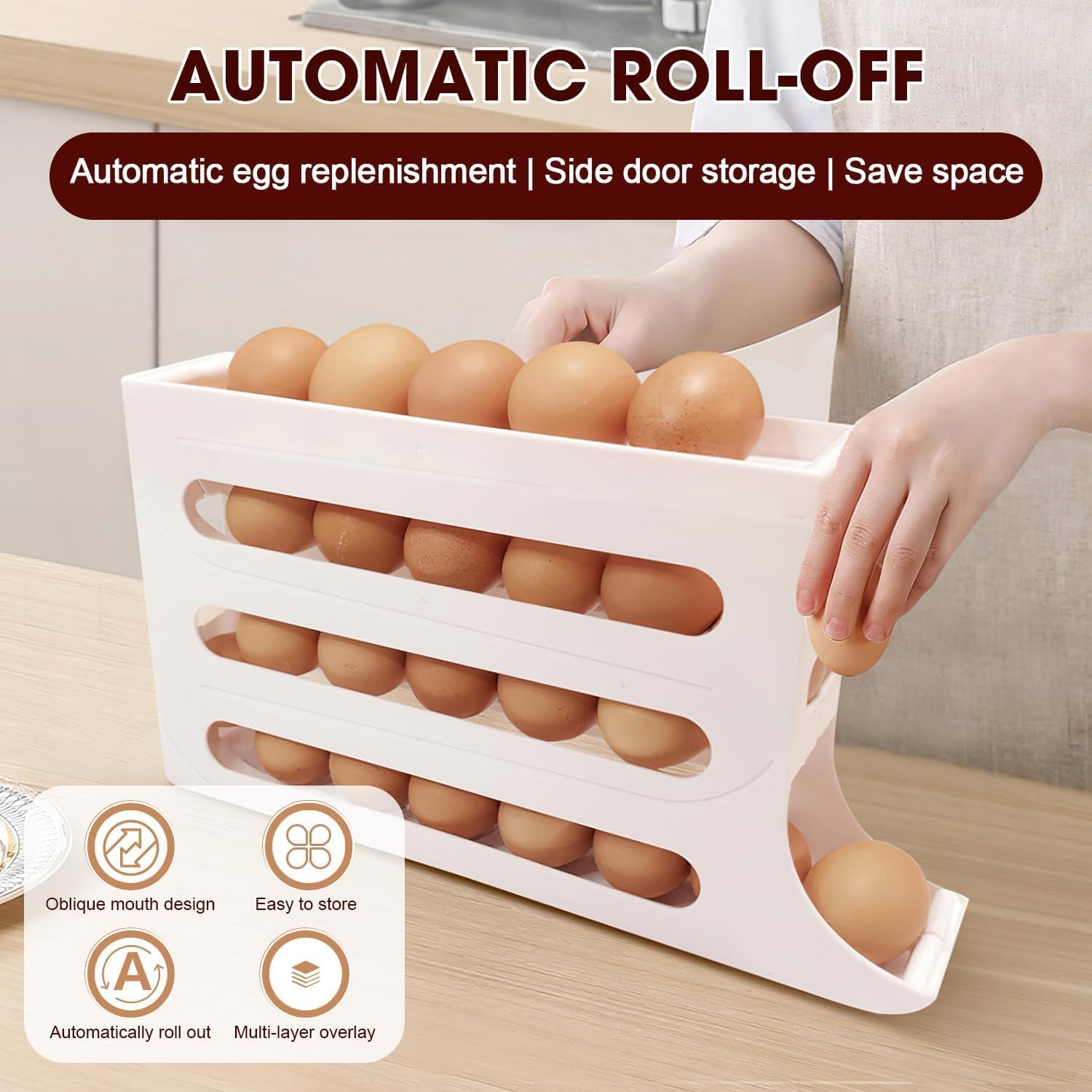 4 Tiers Fridge Egg Rack Large Capacity Egg Dispenser for Refrigerator, Space-Saving Automatic Rolling Egg Holder Organizer Storage - Image 3