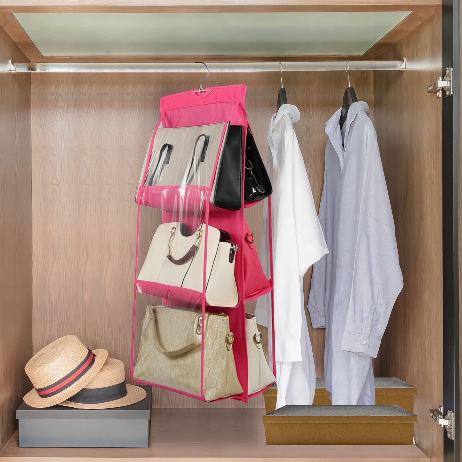 6 Pocket Foldable Hanging Bag 3 Layers Folding Shelf Bag Purse Handbag Organizer - Image 3