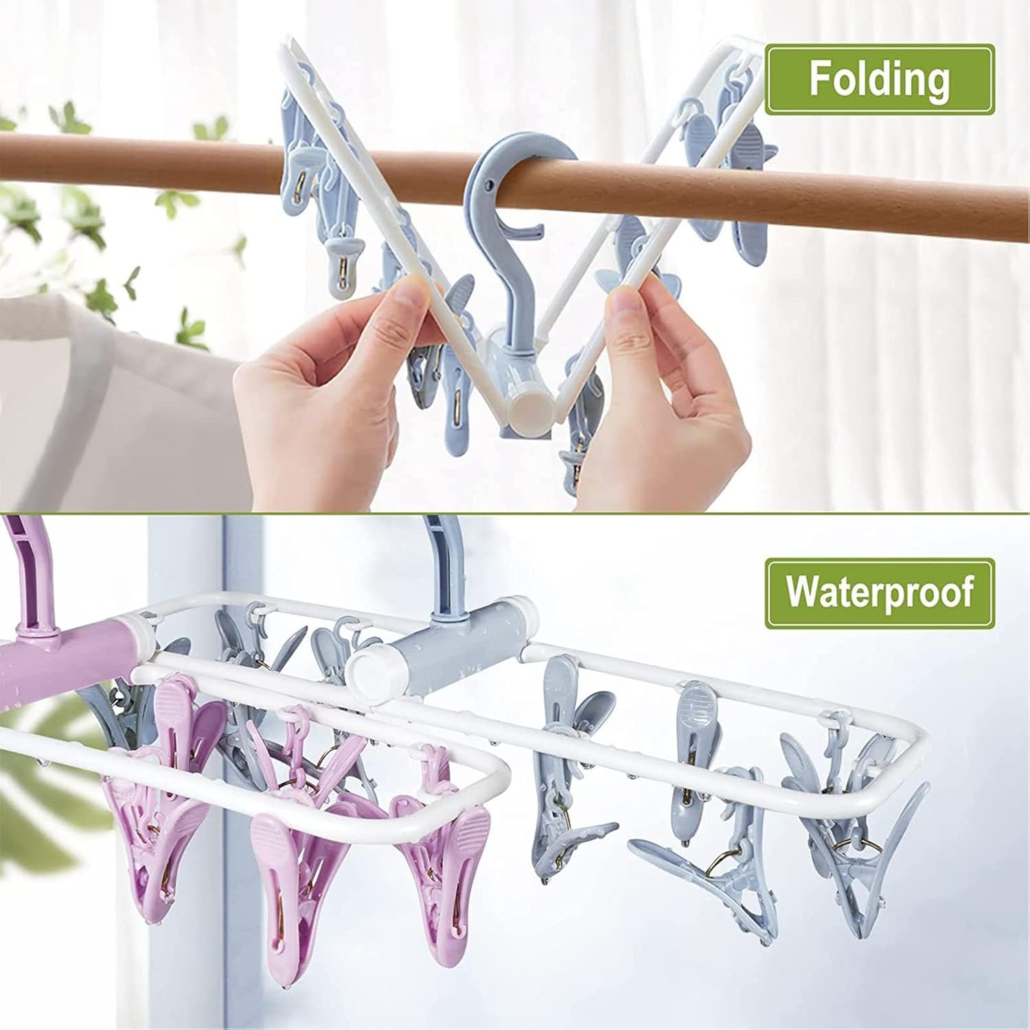 Multifunctional Folding Drying Hanger with 12 Clips, 2 Pack Portable Hanging Drying Rack