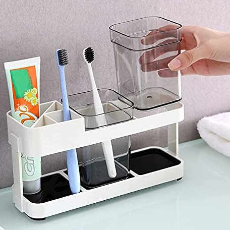 Plastic Toothbrush and Toothpaste Holder with Cup for Bathroom Countertop storage Organizer - Image 3
